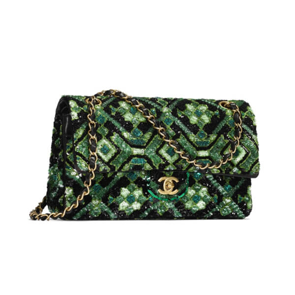 ★シャネル★ クラシック ハンドバッグ スパンコール グリーン A01112 B04832 NB248